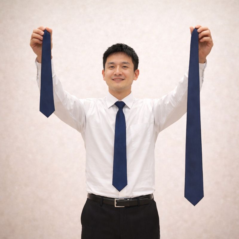 「白いワイシャツ姿の細身の男性が、両手を上げて2本のネクタイを持ち、長さの違いを見せているイラスト。左手には普通サイズのネクタイ、右手にはロングタイプのネクタイを持っており、首に巻く前の状態で長さの差が分かるように描かれている。背景はシンプルで、ネクタイの比較が強調されている。」