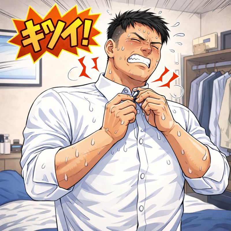 「自室で着替え中の30才のサラリーマンが、サイズの合わないワイシャツの首元のボタンを必死に留めようとして苦しそうな表情を浮かべているギャグマンガ風のイラスト。首周りがきつく、汗をかきながら顔をしかめており、さらに裄丈が短いためワイシャツの袖は七分丈になっている。背景にはベッドやハンガーラックがあり、自宅の部屋での着替えの様子が描かれている。」
