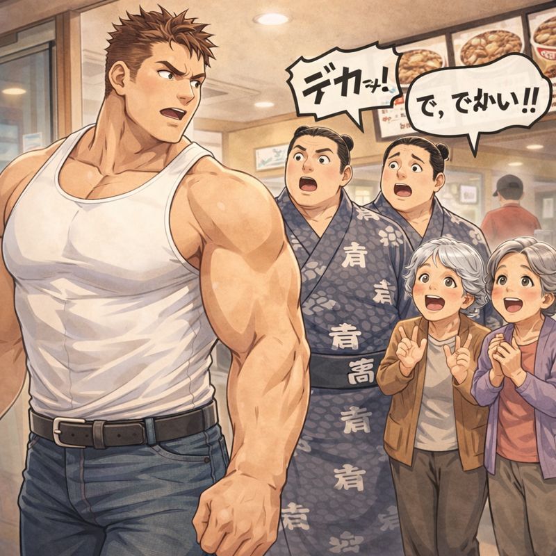牛丼屋の店内で、浴衣姿のお相撲さん二人と70代のマダム二人の横を、身長192cmの筋肉質な男性がタンクトップ姿で通り過ぎ、あまりの体格差に全員が驚いている様子を描いたイラスト。