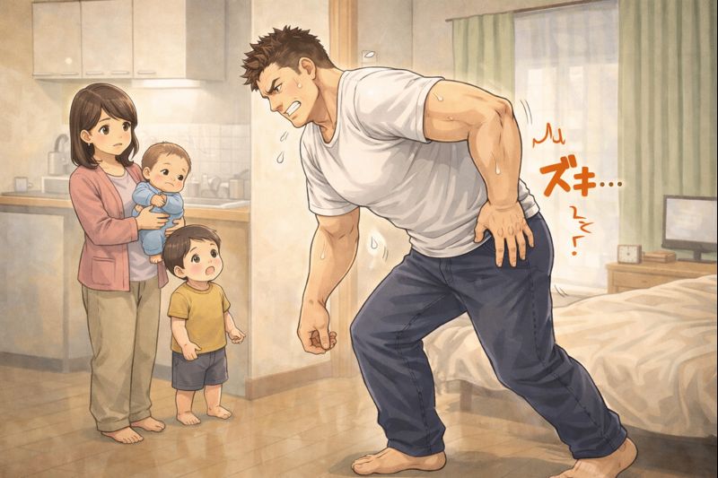 「アパートの一室で、ぎっくり腰になった体格の大きな父親が、腰と膝を押さえながら苦しそうに前かがみで歩いているイラスト。額には冷や汗が浮かび、背中には痛みを表す効果表現が描かれている。そばでは小柄な妻と幼い二人の子どもが、心配そうな表情で父親を見守っており、ベッドがすぐ近くに見えている。」