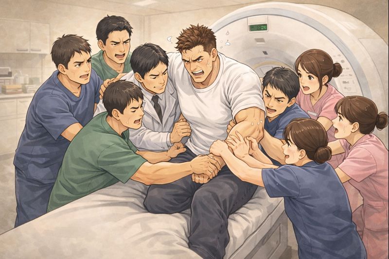 「病院のMRI室で、腰の痛みのため検査台から起き上がれなくなった体格の大きな父親を、男性医師や男女の看護師あわせて8人が必死な表情で支えながら起こそうとしているイラスト。父親は汗をかきながら苦しそうな表情を浮かべ、医療スタッフ全員が力を合わせて対応している様子が描かれている。」