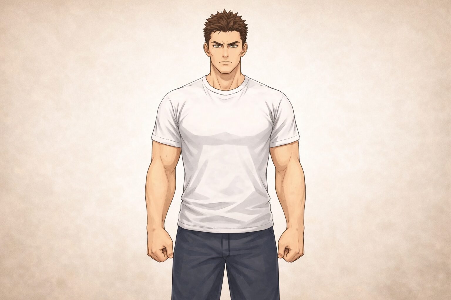 身長192cmの体格の大きな男性が、正面を向いて背筋を伸ばし、両腕を体の横に自然に下ろして立っているイラスト。首は伸びた状態で、姿勢による身長変化を比較するための基準となる通常姿勢を表している。