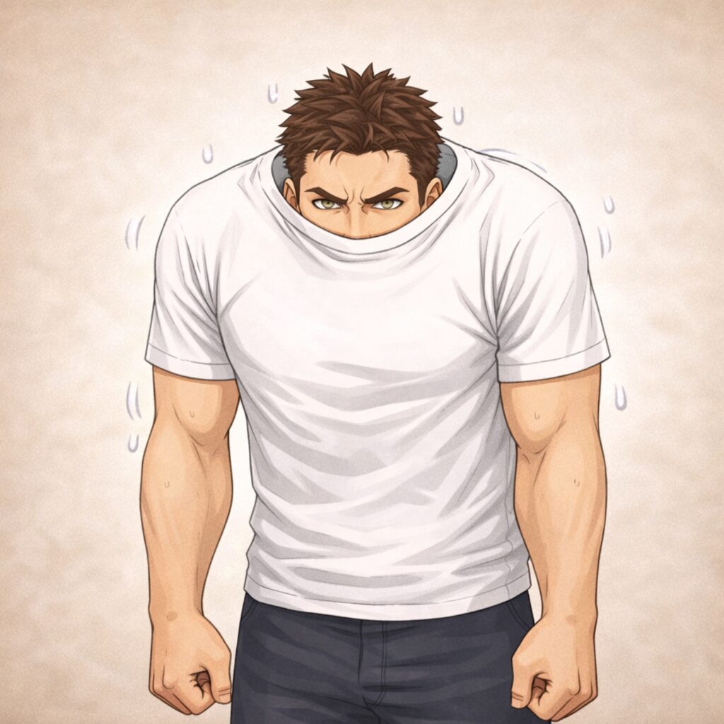 身長192cm・頭囲62cmの体格の大きな男性が、正面を向いたまま首をすくめ、亀が甲羅に首を引っ込めたような姿勢をしているイラスト。首が短く見え、姿勢の違いによる身長変化を視覚的に表現している