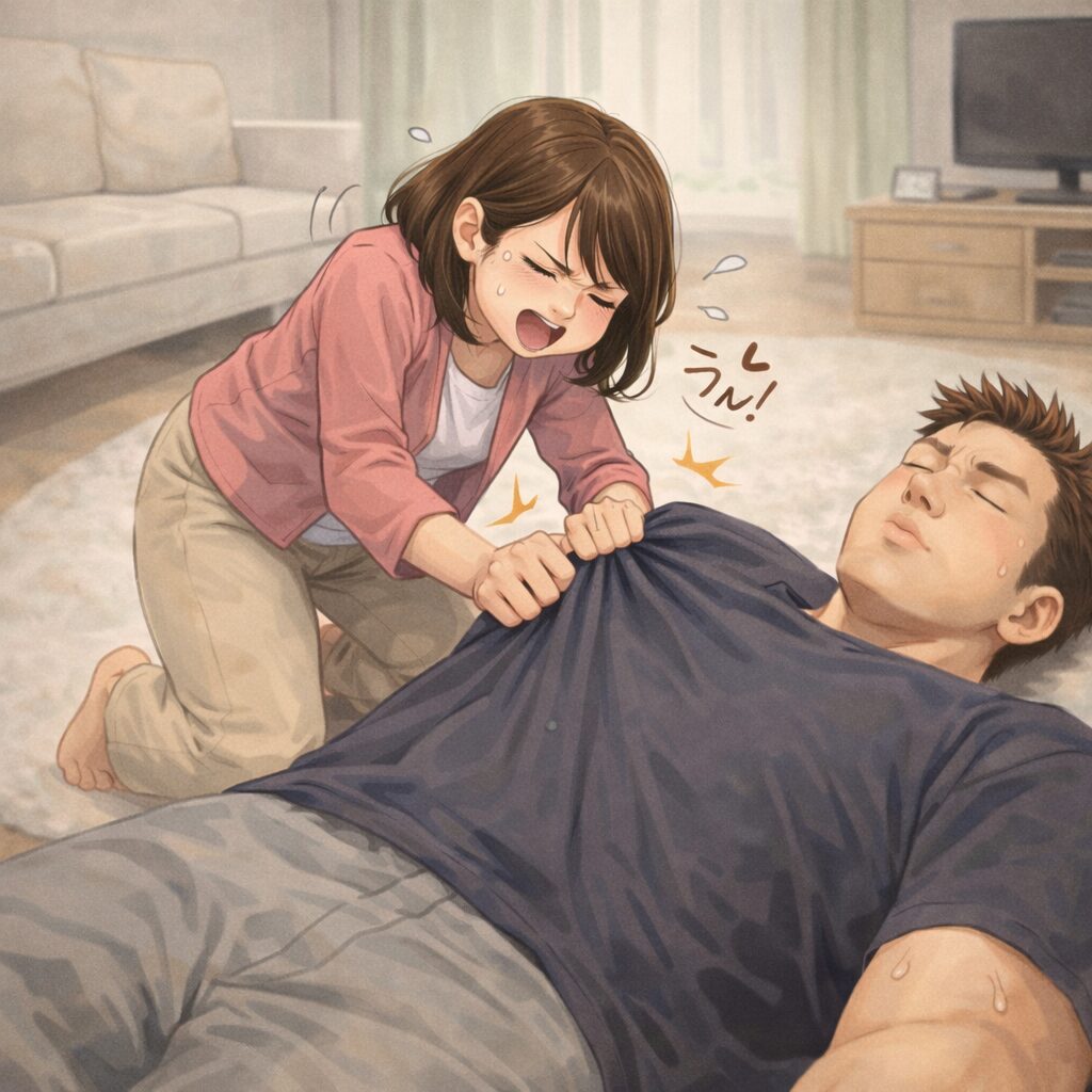 家のリビングで横たわる大柄な夫を、小柄な妻が必死に起こそうとし、汗をかきながら力いっぱい引っ張っている様子を描いたイラスト。