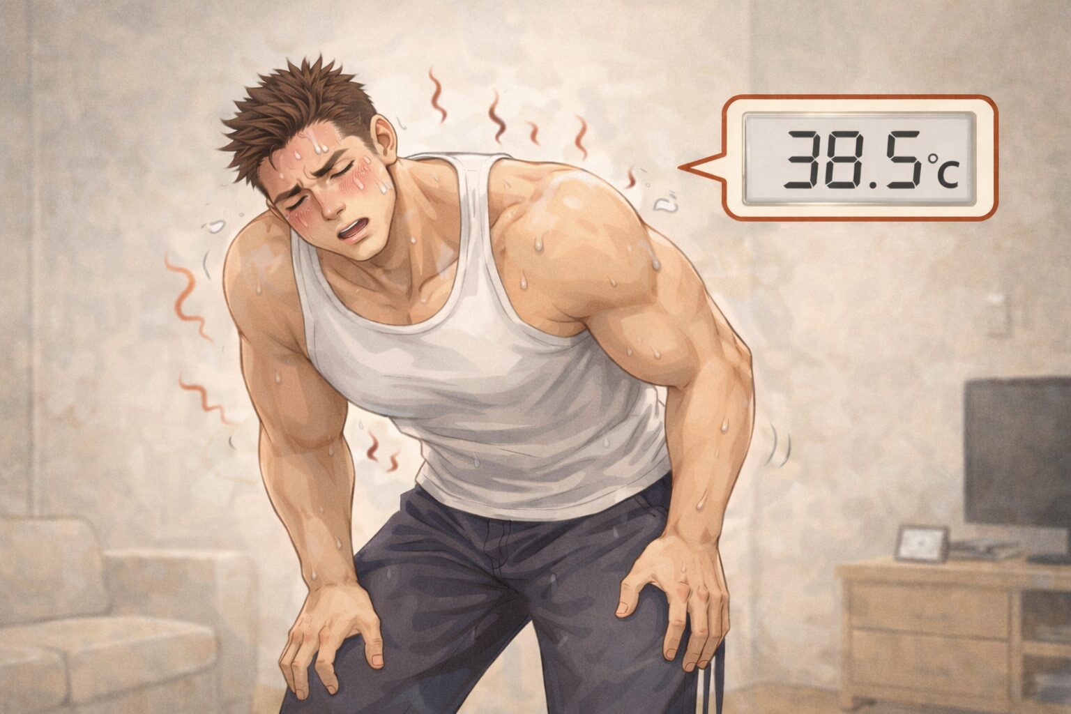 「室内でタンクトップ姿の筋肉質な男性が、発熱によるつらさから前かがみになり、膝に手をついて立っているイラスト。全身に汗をかき、苦しそうな表情を浮かべており、横には体温計で38.5℃と表示された吹き出しが描かれている。」
