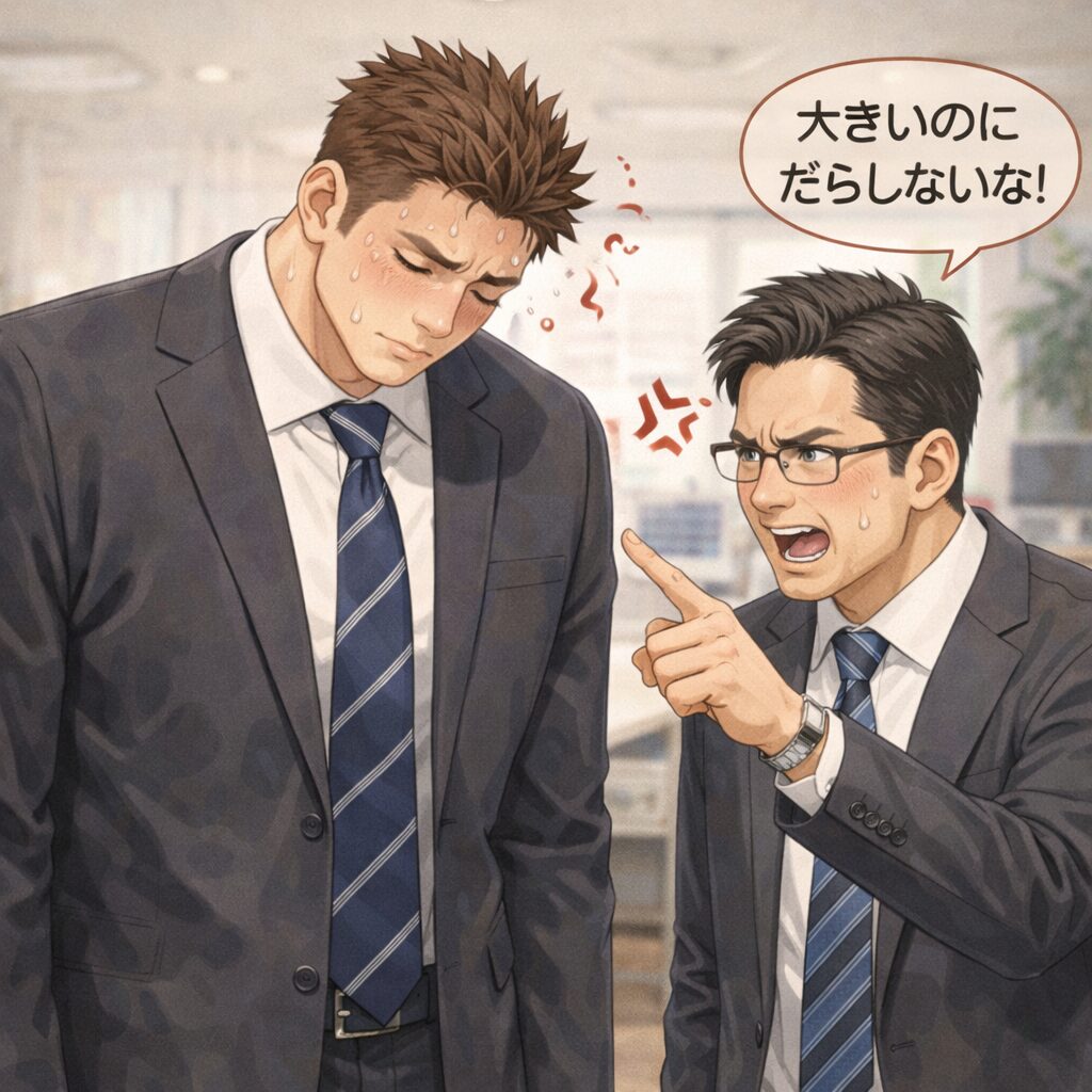 オフィスで、背の高く体格の良い部下が３８．５殿熱を出して具合が悪いのに、隣で小柄な上司が指をさしながら厳しい表情で体が大きいのにだらしないと叱っている様子を描いたイラスト。