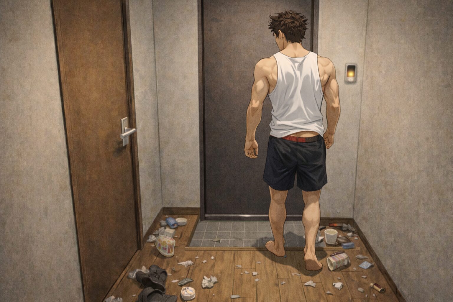 散らかったアパートの玄関で、寝起きのままタンクトップと短パン姿の大柄な男性が、玄関のたたき手前で立ち止まり、呼び鈴の鳴ったドアを前にぼんやりと立っている後ろ姿を描いたイラスト。