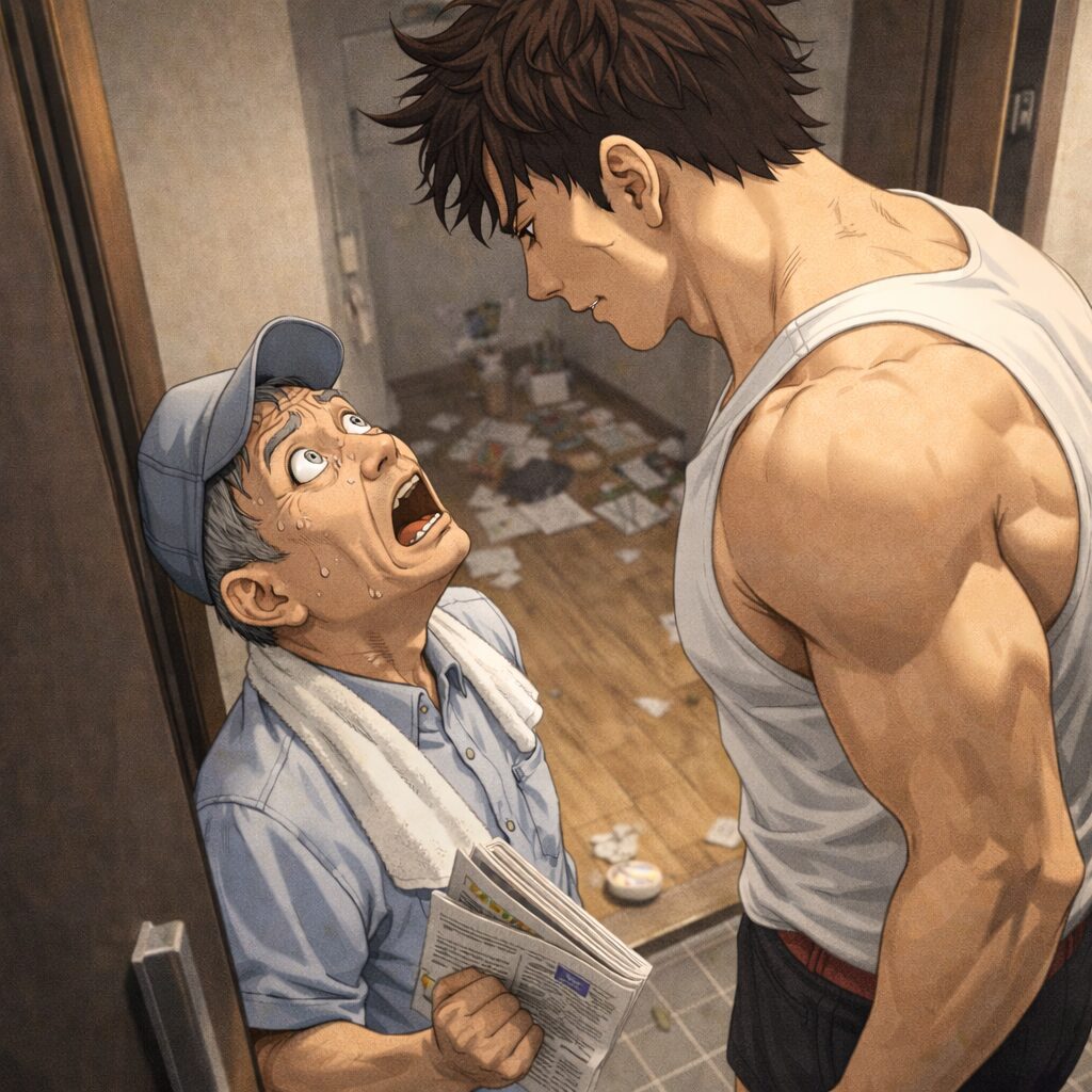 アパートの玄関で、身長192cmの筋肉質な男性が裸足で立ち、目の前20cmの距離にいる新聞勧誘の55歳男性を見下ろしている。新聞勧誘の男性は身長160cmで、あまりの体格差に驚きと恐怖の表情を浮かべ、冷や汗をかきながら見上げている。