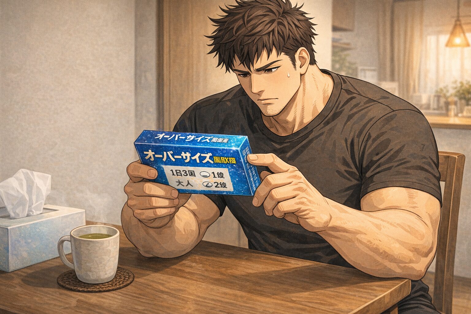 青い箱の「オーバーサイズ風邪薬」を両手で持ち、用量用法を真剣な表情で読み込む筋肉質な男性が、家のダイニングチェアに座っている様子。
