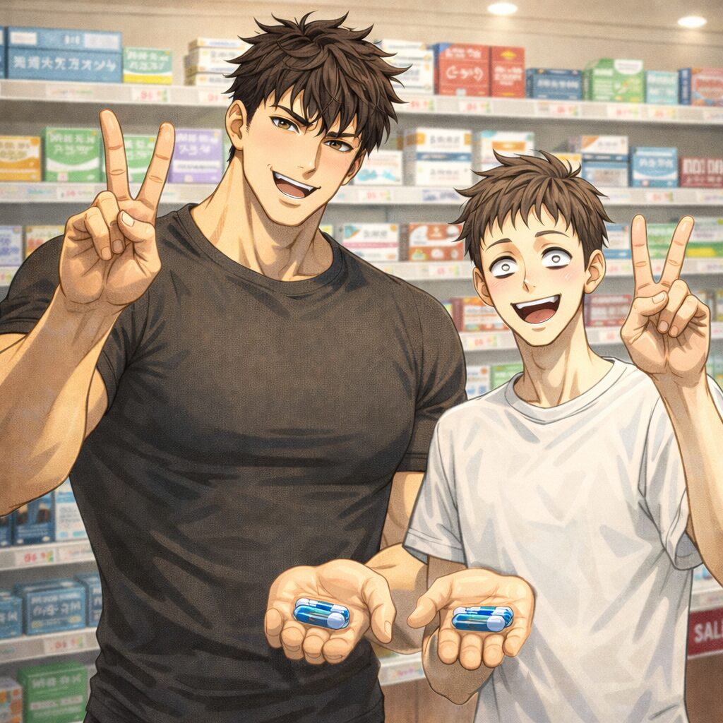 薬局の店内で、体格差の大きい二人の男性が並んで立っている。筋肉質で背の高い男性と、青白く痩せた小柄な男性が、右手でピースサインをし、左手の手のひらにはそれぞれ同じ2粒入りのカプセル薬を乗せて、笑顔でこちらを見ている。背後には多くの薬箱が並ぶ棚が見える。
