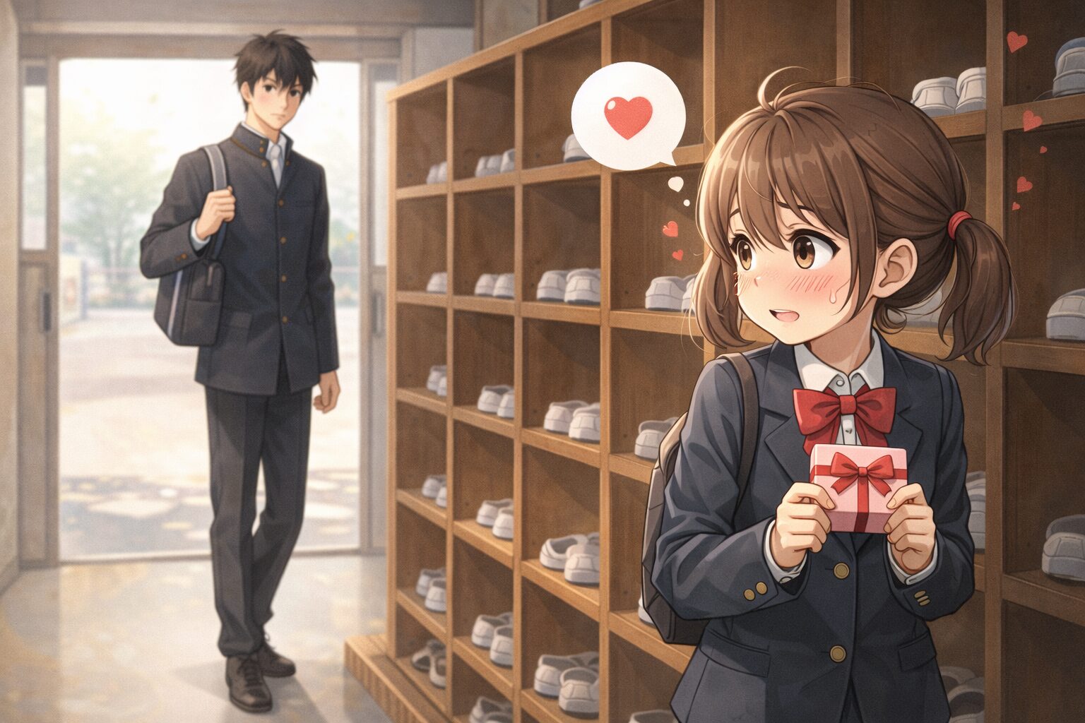 学校の下駄箱前で、身長の高い男子高校生を待ちながら、小柄な女子高校生がバレンタインのチョコレートを両手で抱え、頬を赤らめてドキドキしながら振り返っている様子を描いたイラスト。