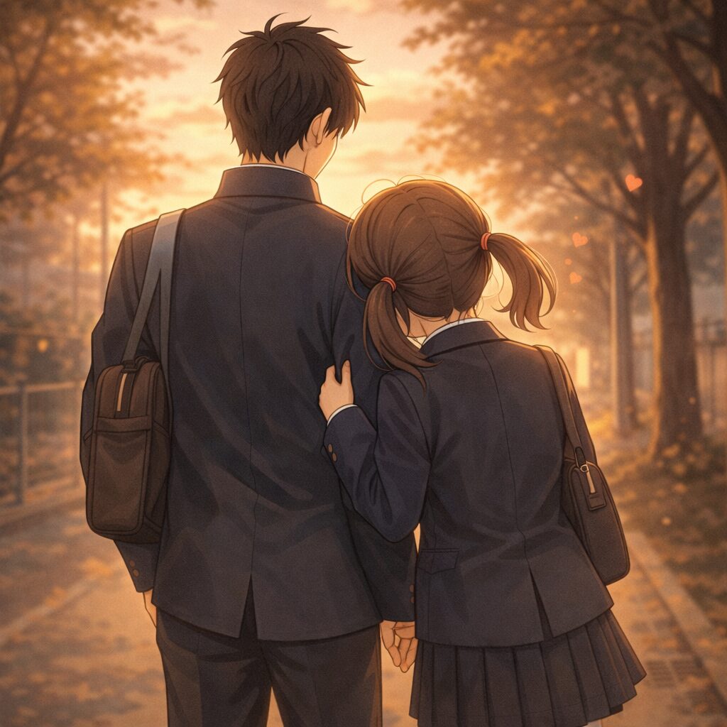 夕暮れの学校帰り道を、制服姿の高校生カップルが後ろ姿で歩いている。女の子は男の子の腕にそっと腕を絡め、寄り添いながら並んで歩いており、周囲には温かい夕焼けと小さなハートの演出が漂っている。