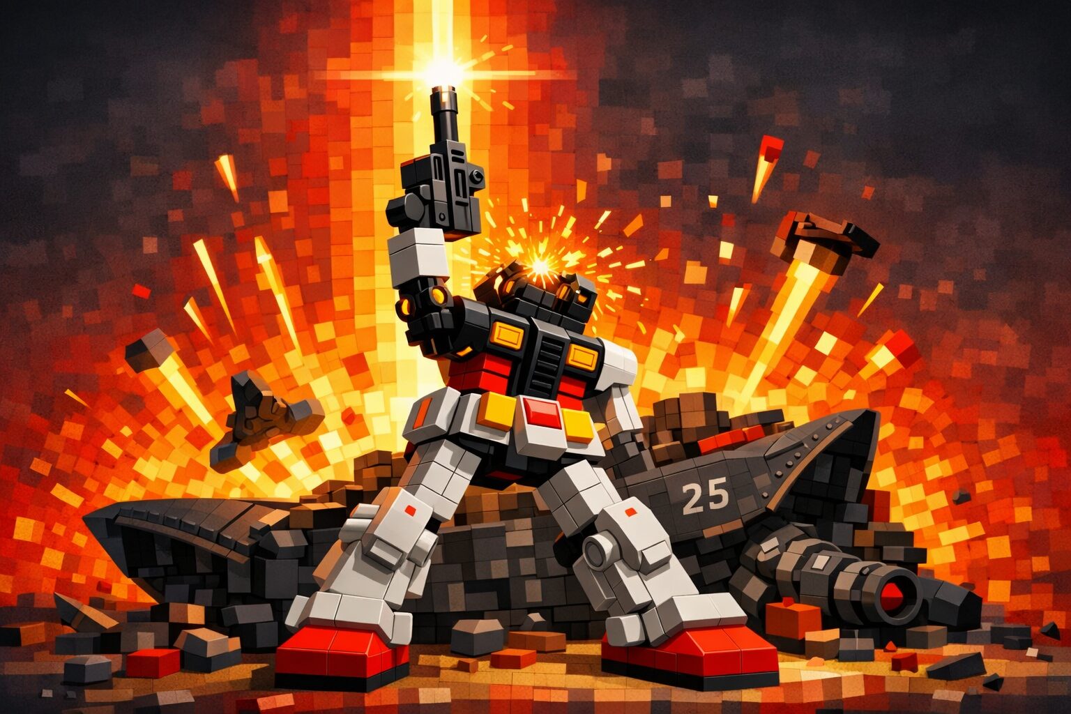 レゴ風に描かれた戦場のロボット。頭部と左腕を失い、火花を散らしながら立ち続け、右手の銃を天に向けて発射している。背後では炎と爆発が広がり、瓦礫の上で最後の抵抗を見せている。