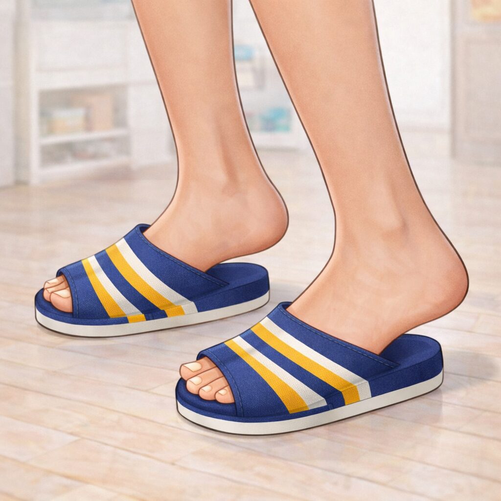 紺・黄色・白のストライプ柄のダイエットスリッパを履いた足元のイラスト。かかとがスリッパの外に出る設計で、自然とつま先立ちの姿勢になっている様子が描かれている。