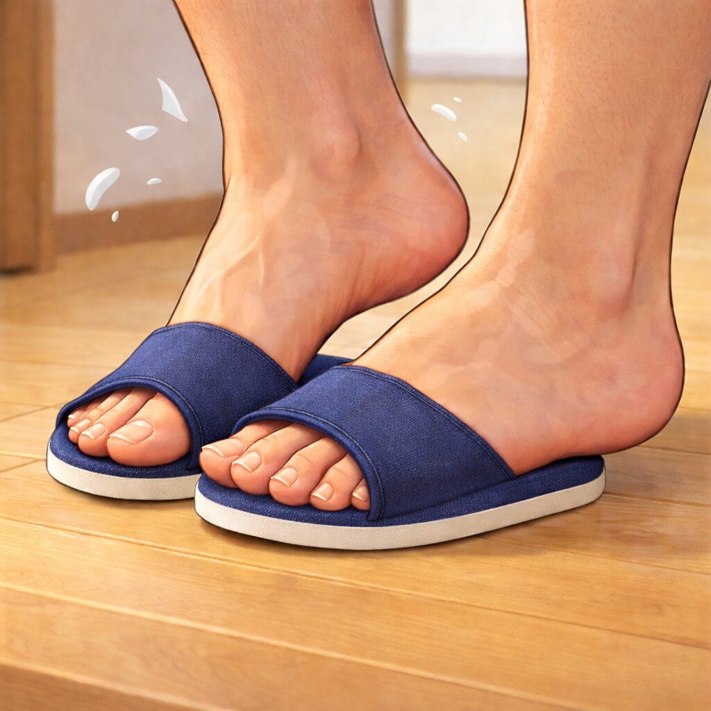 足のサイズ31cmの大きな足が、ちっちゃなスリッパに入ろうとしている場面をアップで描いたイラスト。スリッパから大きくはみ出したかかとと、無理のあるサイズ差がひと目で分かる構図。