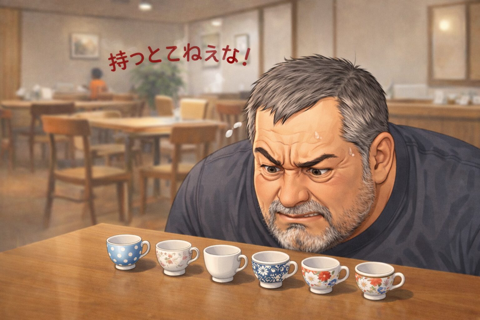 喫茶店のテーブルにさまざまな柄の小さなカップが5個並び、それを前に身長192cm・体格の大きな中年男性が、手を使わず顔を近づけて凝視しているイラスト。指が太く、どのカップも持てなさそうだと悩む様子が“体が大きい人あるある”として表現されている。