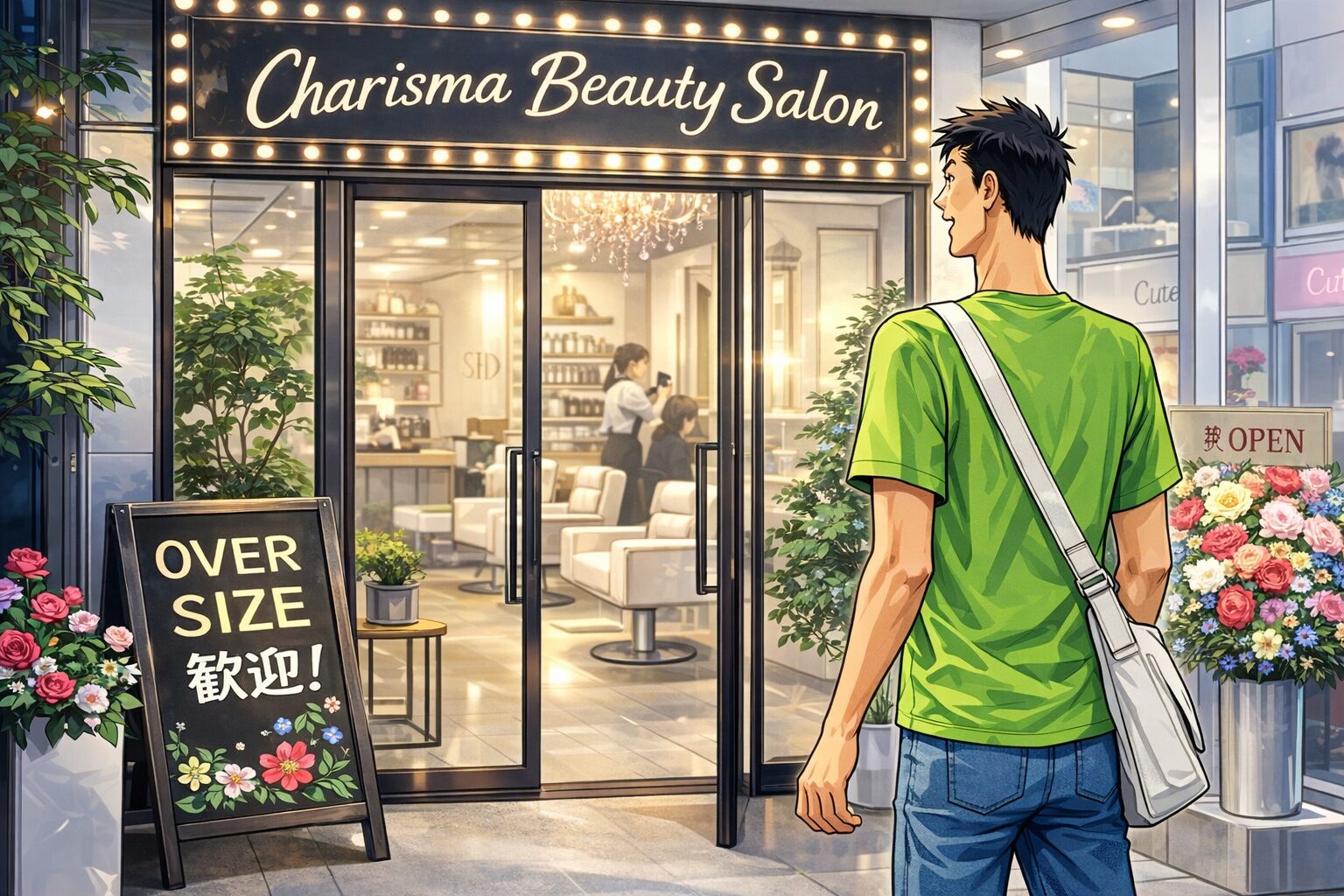 原宿のカリスマ美容室の入口に立ち、これから入店しようとしている身長192cmの細身な男性。店先には「OVER SIZE歓迎！」と書かれた立て看板があり、ガラス越しにおしゃれな店内が見えている。