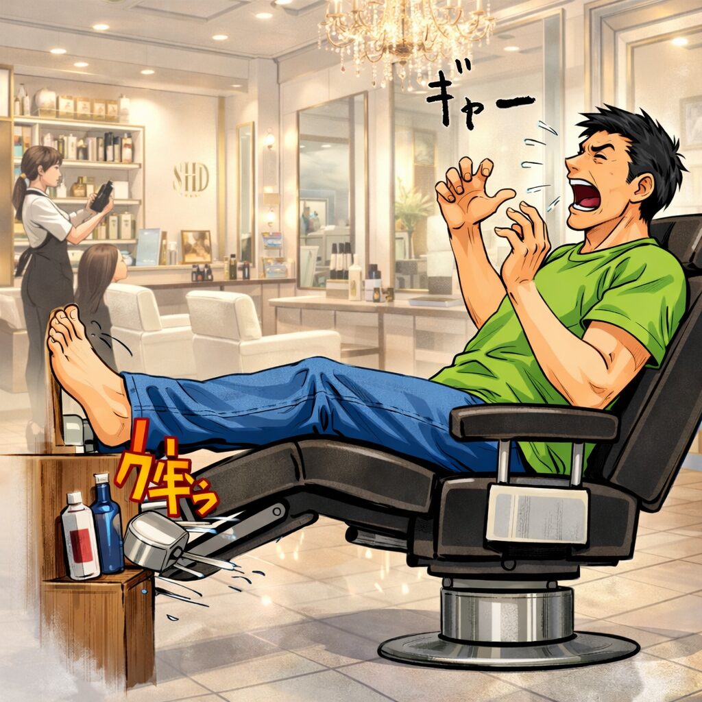 カリスマ美容院の店内でリクライニングチェアに座る身長192cmの細身な男性。椅子が倒れた瞬間、長い足が前の棚に引っかかり、驚いて声を上げている。周囲にはおしゃれな内装やシャンデリアが見える。