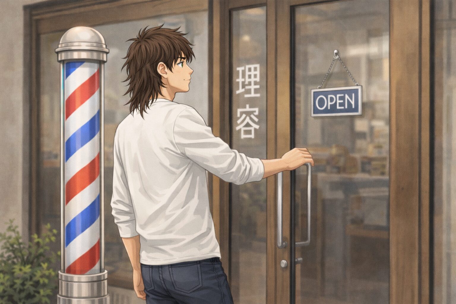 赤・白・青のサインポールが立つ床屋の前で、長めの髪をなびかせた身長192cmの若い男性が、店のドアノブに手をかけて入店しようとしているイラスト。背の高い体格と男らしい雰囲気が印象的。