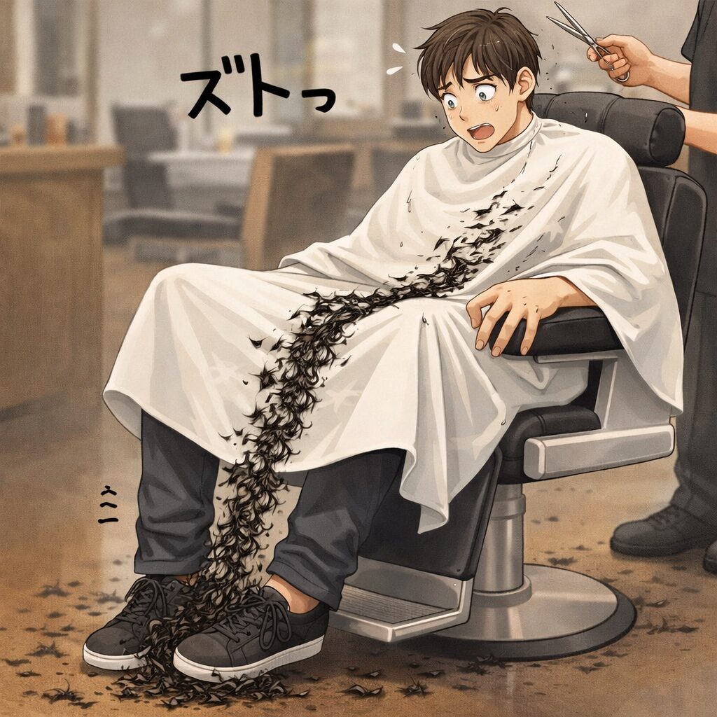 身長192cmの足が長い20歳男性が床屋の椅子に座り、足を置くステップを使わずに地面に足が着いているため、カットした髪の毛がエプロンを滑り台のように滑り落ち、そのまま靴の中に入ってしまう“高身長あるある”を描いたイラスト。
