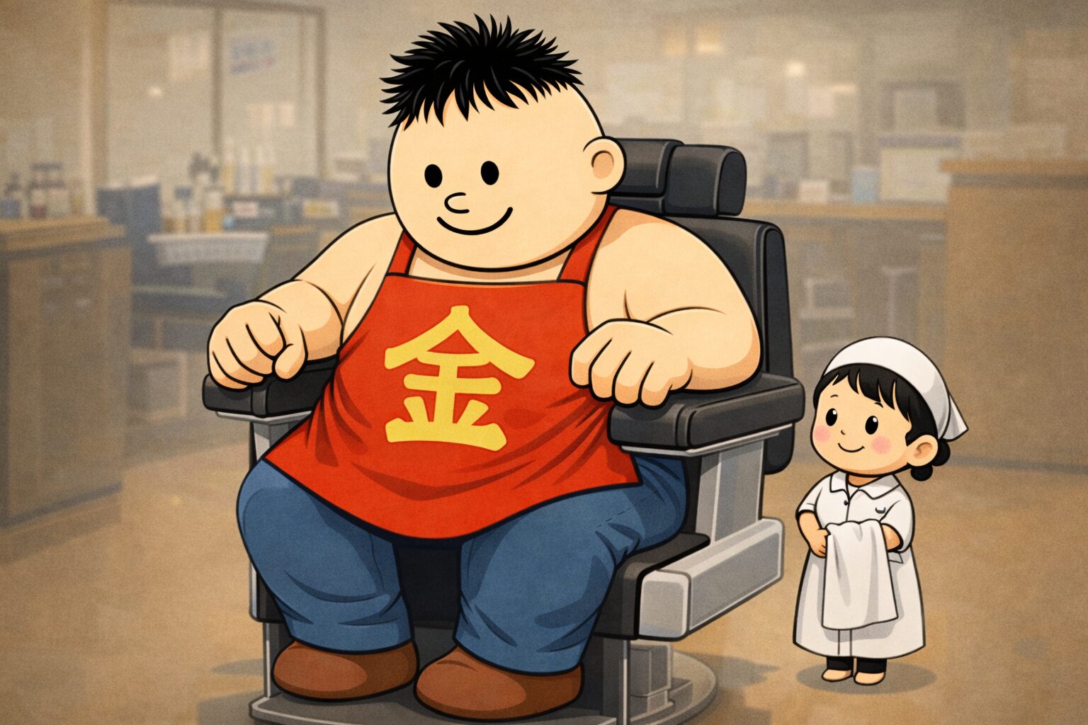 身長192cm・胸囲123cmの大柄な二十歳の男性「ハト胸兄さん」が床屋のカット台に座り、金太郎のような赤い前掛けに金マークを付けている。横には小柄で可愛い理容師さんが立ち、その体格差が際立っている床屋あるあるのイラスト。