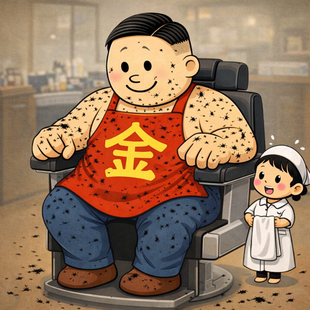 床屋のカット台に座る大柄な「ハト胸兄さん」が七三分けに仕上がったあと、体格に対して小さすぎる赤い金太郎風エプロンのせいで、切った髪の毛が首や腕、足にまで大量に付着している様子を描いた床屋あるあるのイラスト。そばには小柄で可愛い理容師さんが立っている。