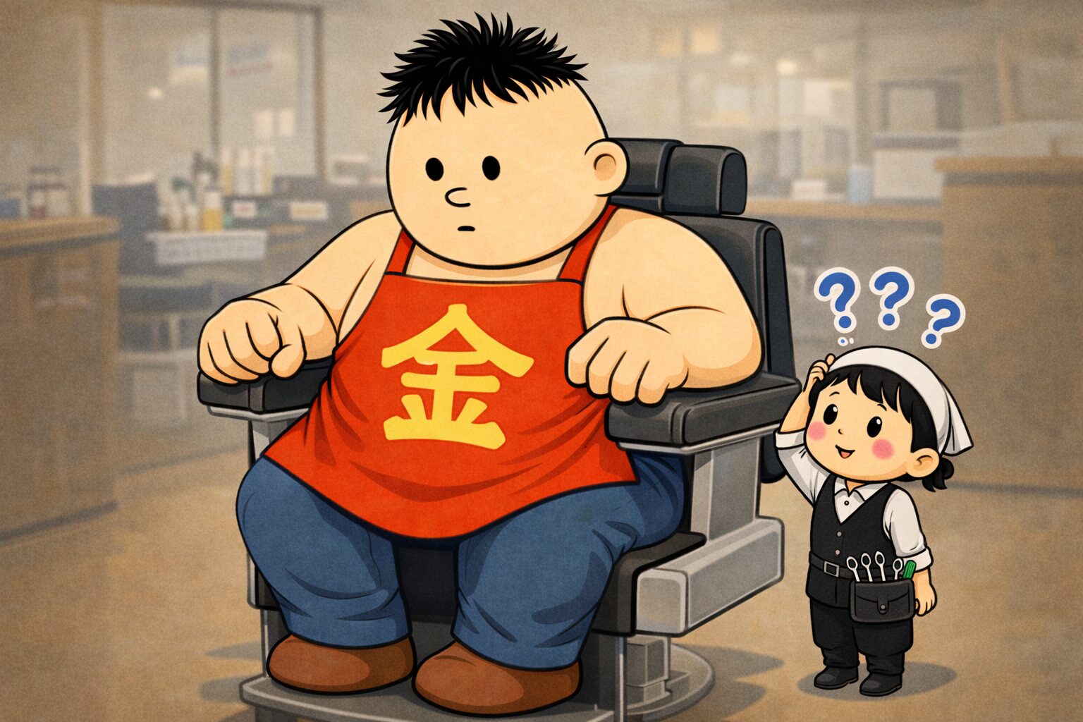 身長192cmの大柄な男性が理容椅子に座り、赤い「金」の文字が入った前掛けを着けている。横には身長148cmの小柄な理容師が立ち、頭に手を当てて「どうやってカットしよう？」と悩んでいる様子。店内は理容室で、体格差が強調されたコミカルな場面。