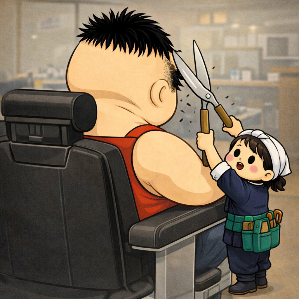 身長の高く体の大きい男性が床屋の椅子に座り、植木屋スタイルの小柄な理容師が、下から背伸びしながら剪定ばさみで襟足をカットしているコミカルなイラスト。体格差に戸惑いながらも一生懸命作業する様子が描かれている。