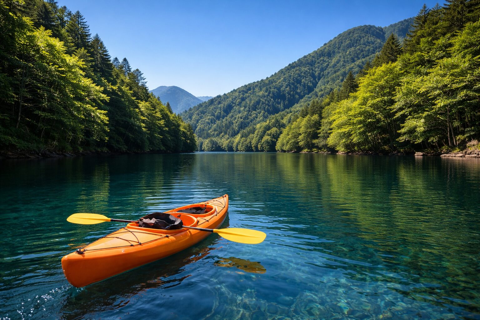 木々が生い茂る山々に囲まれた静かな湖に、オレンジ色のカヤックが一艘浮かんでいる。水面は澄みきっており、空には雲ひとつない青空が広がる、穏やかで開放感あふれる風景。