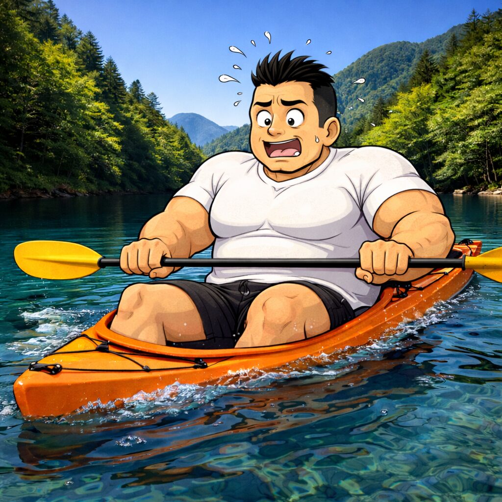 白いTシャツを着た身長192cm・体重115kgのマッチョな男性が、山と森に囲まれた湖でオレンジ色のカヤックに乗っている。体重で沈みそうになり、水面が船縁まで迫る中、男性は汗をかきながら慌てた表情でパドルを握っている。