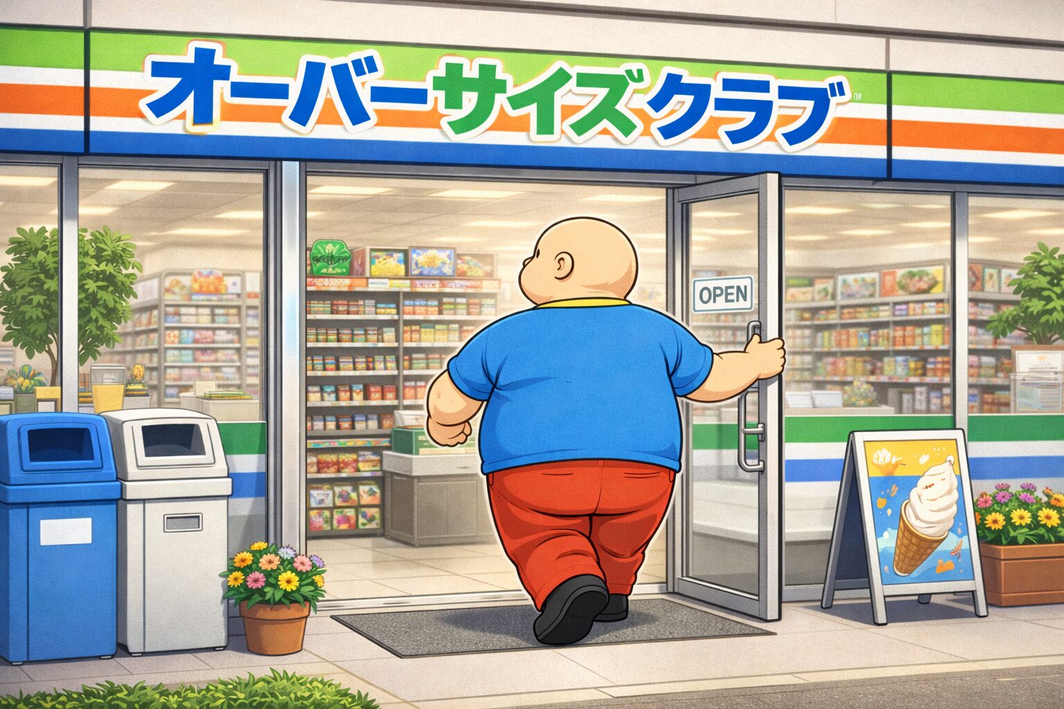 青いTシャツと赤いズボンを着た大柄なおもリッチが、コンビニ「オーバーサイズクラブ」の自動ドアを開けて店内に入ろうとしている。店内には商品棚が整然と並び、入口にはOPENの表示やアイスクリームの看板が置かれている。明るく入りやすい雰囲気のコンビニと、おもリッチの日常の一コマを描いたイラスト。