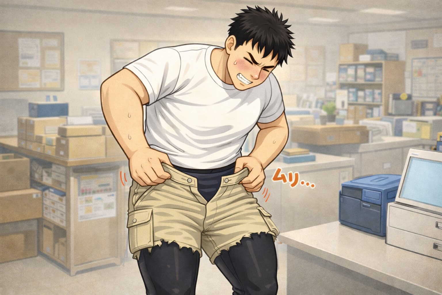 作業場の中で、白いTシャツ姿の若い男性が作業着のズボンを履こうとしているが、太ももで引っかかり、ウエストまで届かず苦戦している。ズボンの下には黒いタイツを履いており、太く鍛えられた太ももが原因でズボンが上がらない様子が伝わる。高卒新卒社員が、体格と既製サイズのズレに直面する場面を描いたイラスト