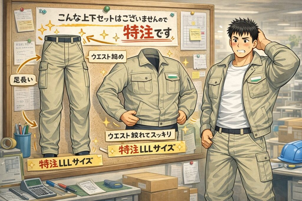 工場の事務所内で、新入社員の男性が作業着を前に戸惑った表情を浮かべて立っている。掲示板には、特注仕様の作業着のイラストが貼られており、ズボンは足が長く太もも部分が太く、ウエストが細い形状。上着はウエストが絞られ、胸回りと腕回りが大きく、袖も長めに描かれている。「こんな上下セットはありませんので特注です」と書かれ、既製品では対応できない体格を視覚的に説明しているイラスト。