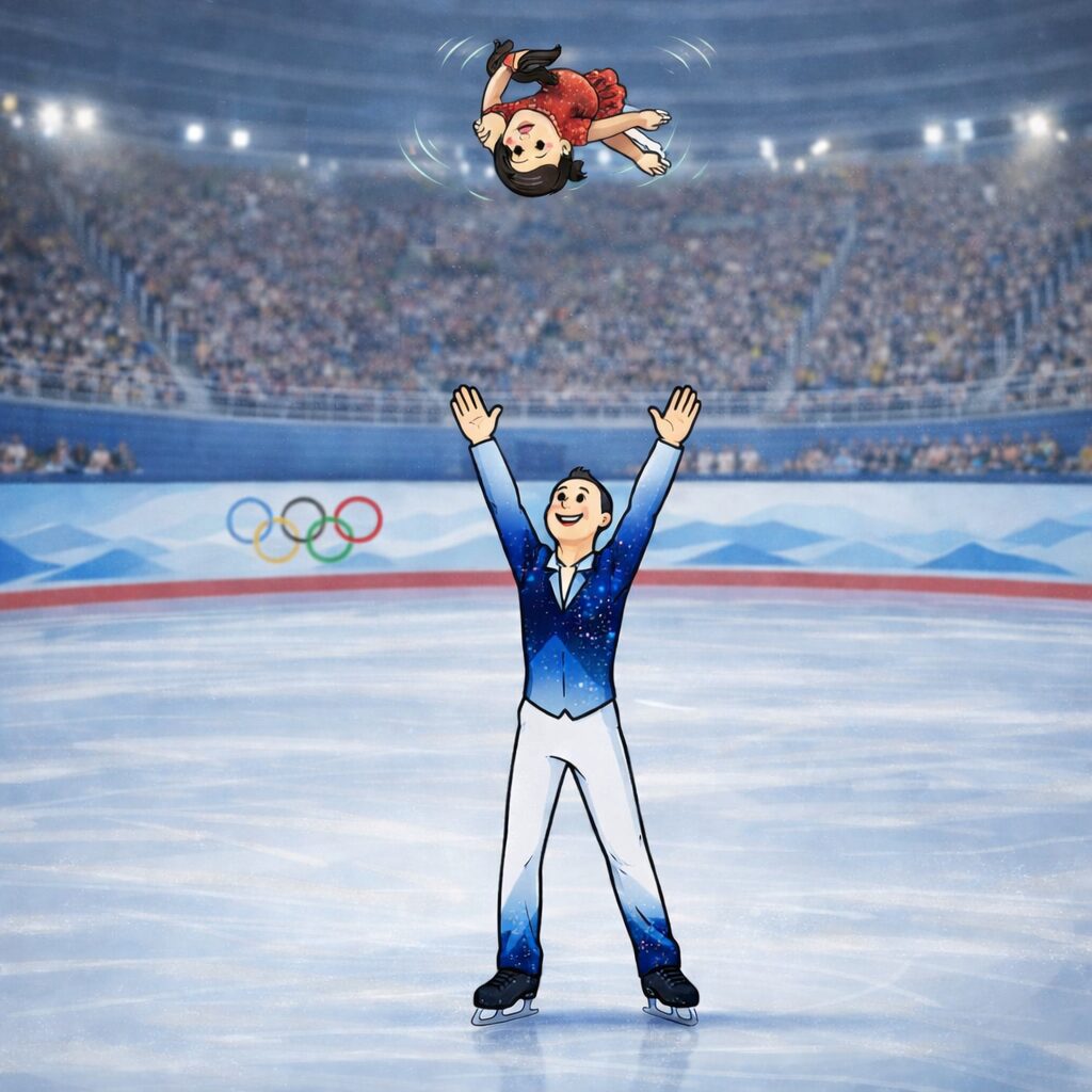 「オリンピックの屋内アイススケート場で、青と白のアイスダンス衣装を着た高身長のタッカーズが両腕を上げ、赤い衣装の奧さんのチーちゃんを高く放り上げている瞬間。チーちゃんは上空で体を丸めて回転しながら舞っており、二人ともスケート靴を履いている。観客席とオリンピックリンク全体が背景に広がる、躍動感のあるアイスダンスの一場面。」