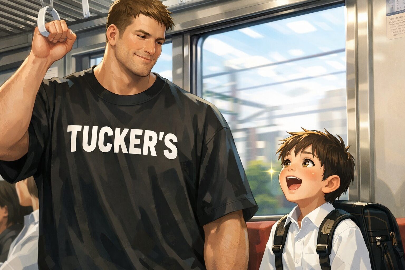 電車のドア横に立つ身長192cmのオーバーサイズ俱楽部のタッカーズの隣で、ランドセルを背負った小学生の男の子が座席から見上げ、目を輝かせて驚いている様子