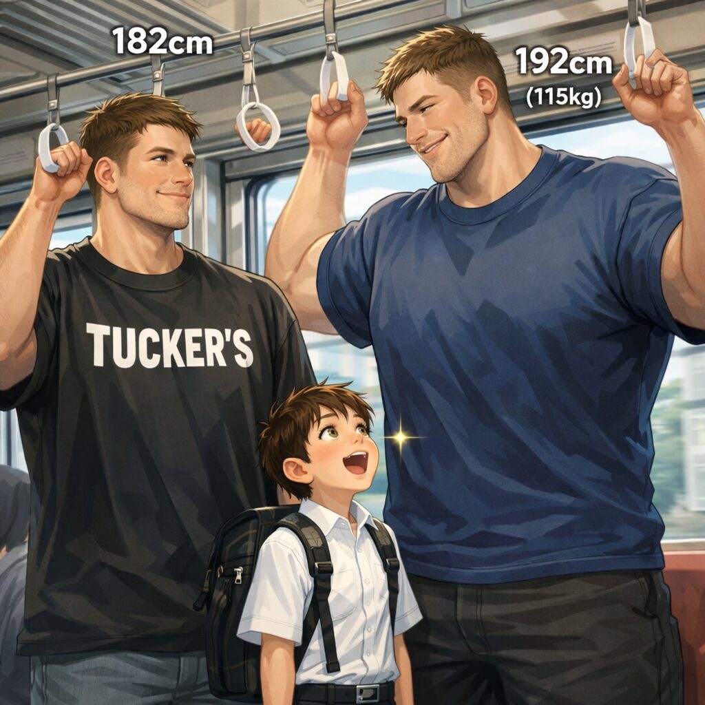 電車内でランドセルを背負った小学生の男の子が、身長182cmの大きな男性と、その横に立つさらに一回り大きい身長192cm・体重115kgの男性を見比べ、体格差に気づいて目を輝かせて感動している様子