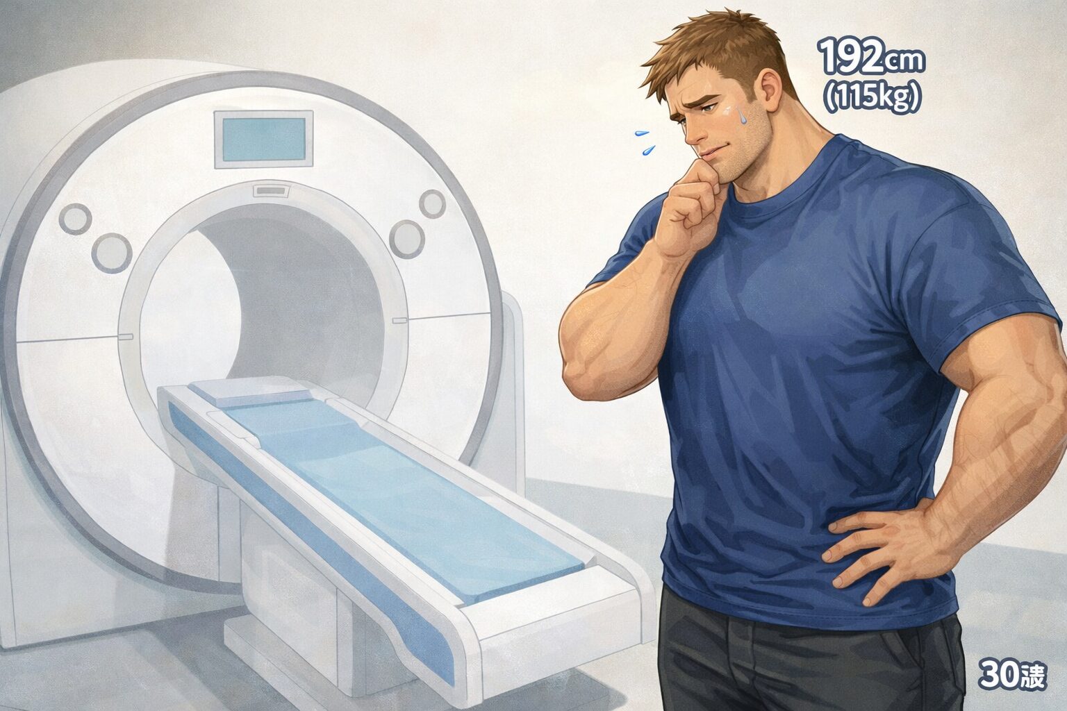 病院のCTスキャン装置の前で、身長192cm・体重115kgの大柄な30歳男性が、ベッドの長さや幅が足りるか不安そうに確認しながら立っている様子