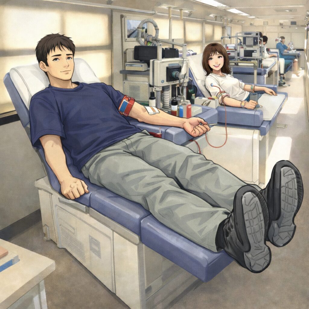 「献血カーの内部で、身長192cmの20歳男性が短めのベッドに横たわり、足が大きくベッドからはみ出した状態で真面目な表情で献血をしている。腕には採血用のチューブと血圧計が装着されている。後方のベッドでは若い女性も笑顔で献血中。明るく清潔な車内に医療機器が並ぶ様子が描かれている。」