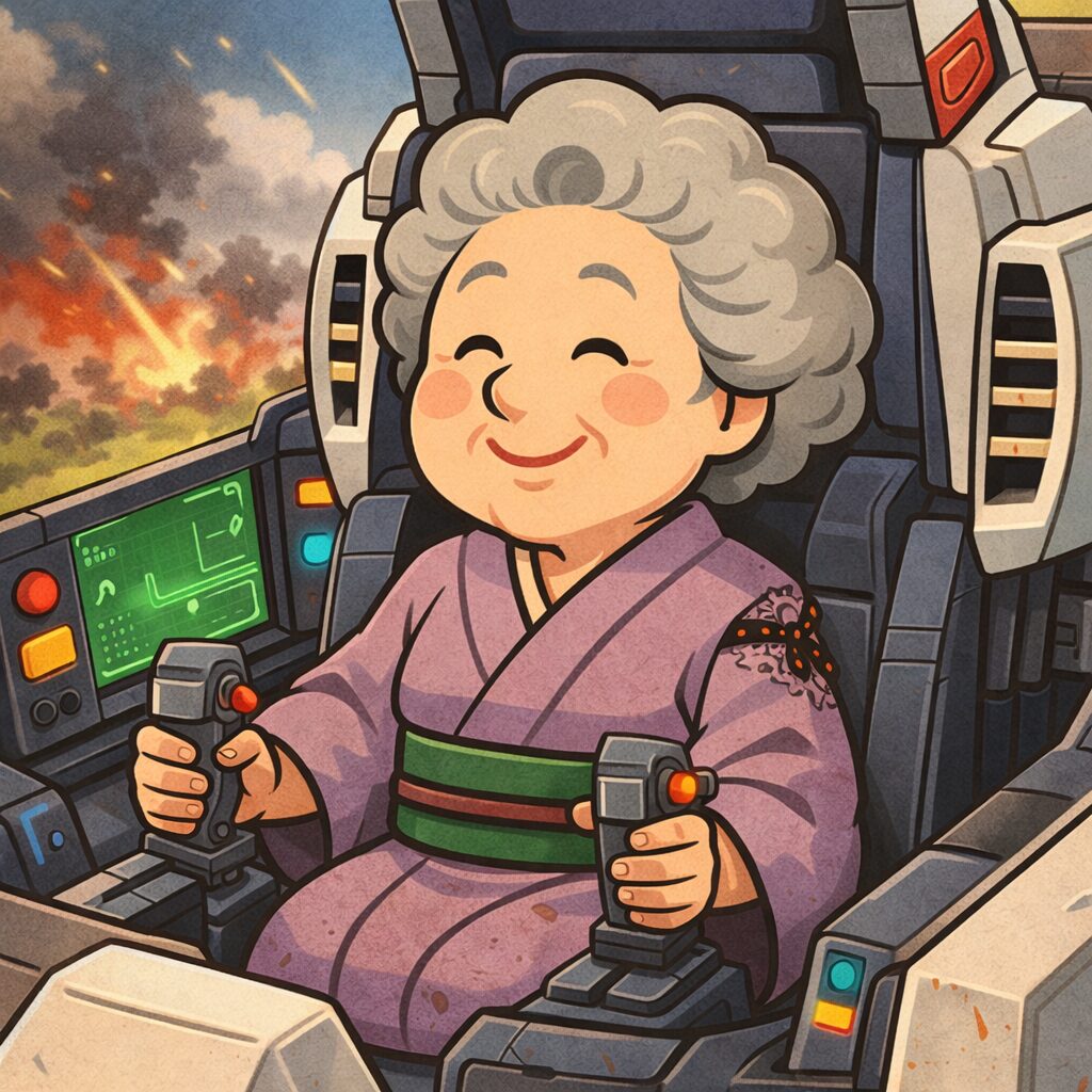 にこやかに微笑む着物姿のおばあさんが、巨大なモビルスーツのコックピットに座り、両手で操縦レバーを握っているイラスト。周囲には計器やモニターが並び、外では戦場の光景が広がっている。