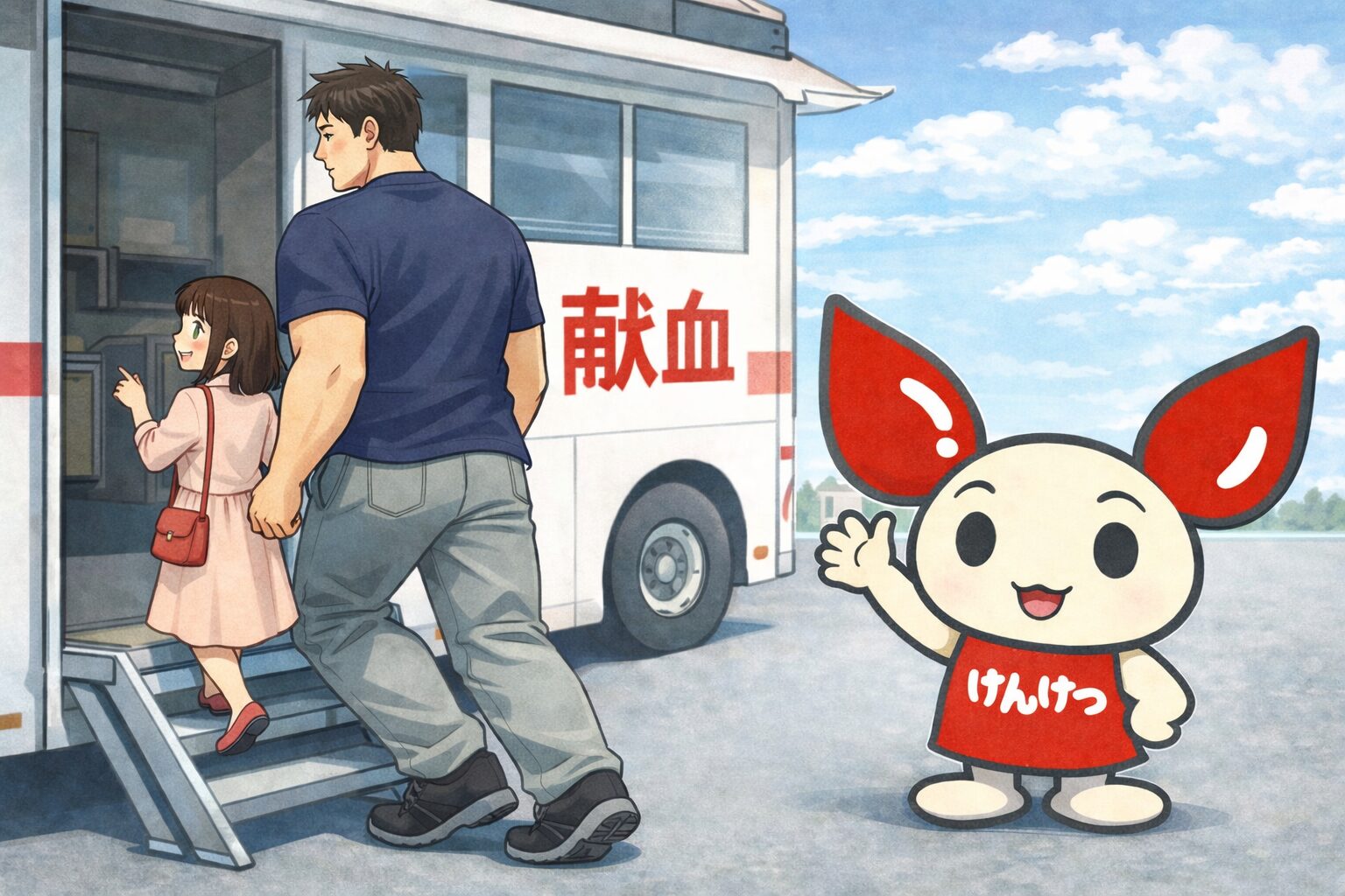 「青空の下に停まる白い献血カーの入口へ、身長148cmの小柄な女性が先頭で階段を上り、その後ろを身長192cm・体重115kgの30歳の高身長マッチョな男性が続いている。入口横では赤い服を着たけんけつちゃんが笑顔で手を振って迎えている。二人は並んで献血カーに入っていく様子が描かれている。」