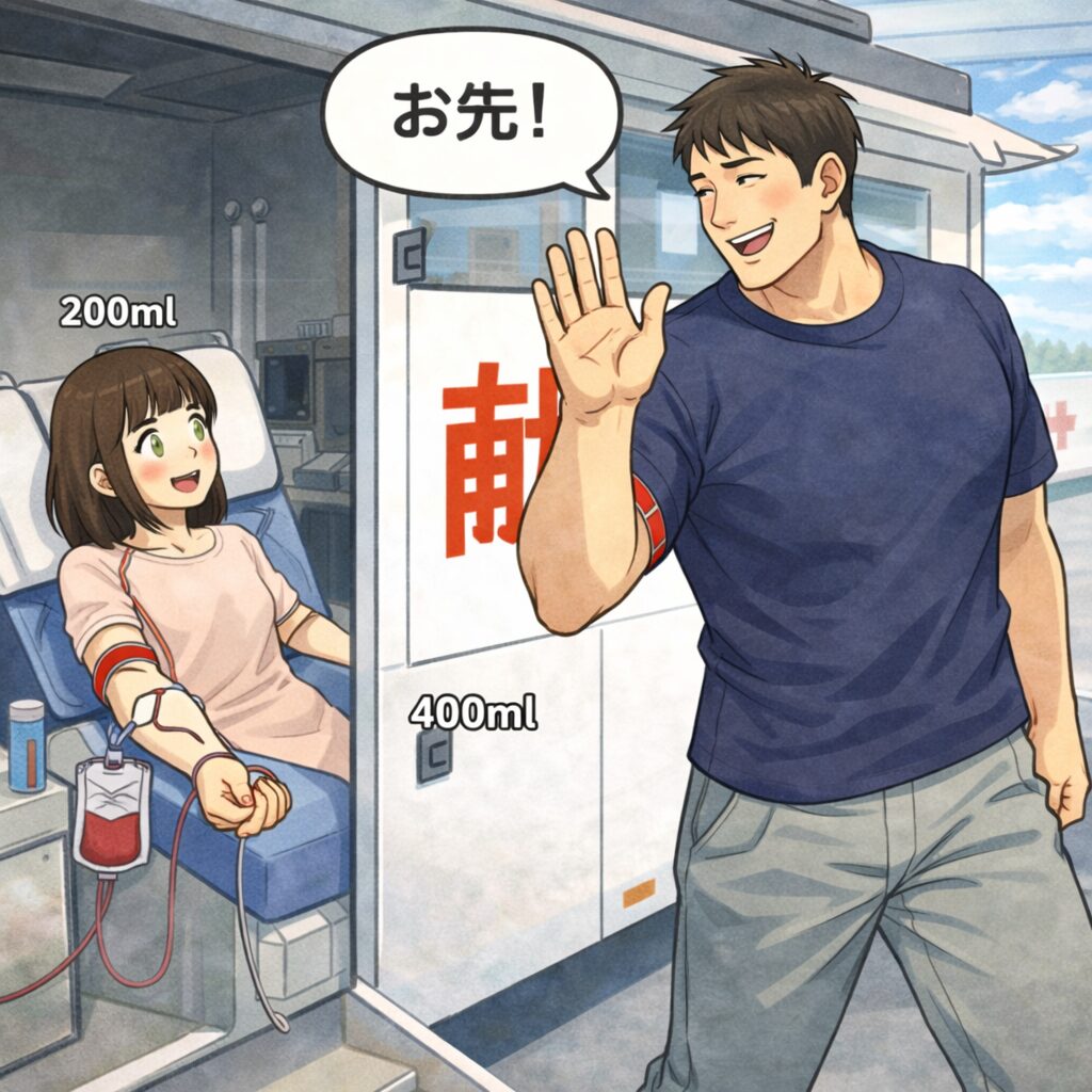 「献血カーの内部で、身長192cm・体重115kgの30歳の高身長マッチョな男性が献血を終え、笑顔で手を上げながら『お先!』と声をかけて外へ出ていく様子。奥では身長148cmの小柄な奥さんがまだベッドに横たわり、200mlの献血中。二人とも腕に採血チューブがついており、明るい車内の中で対照的な進行スピードが描かれている。」