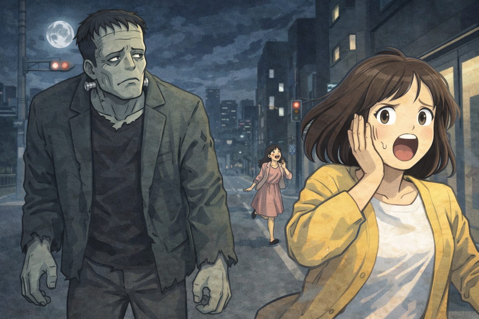 「夜の街を歩くフランケンシュタインの怪物を見て、驚いた女性たちが悲鳴を上げながら逃げていく様子。フランケンシュタインは何もしていないのに、寂しそうな表情で女性たちを見送っている。月明かりに照らされた街並みの中で、不安と切なさが感じられる場面。」