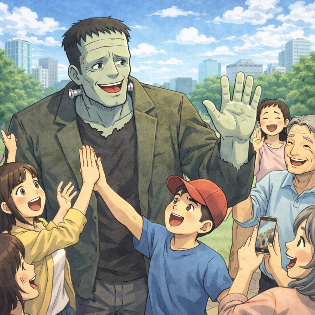 「明るい昼間の公園で、フランケンシュタインの怪物が子どもや大人たちに囲まれ、笑顔でハイタッチをしている様子。周囲の人たちは楽しそうに写真を撮ったり手を振ったりしており、青空の下でフランケンが街の人気者になっている。」