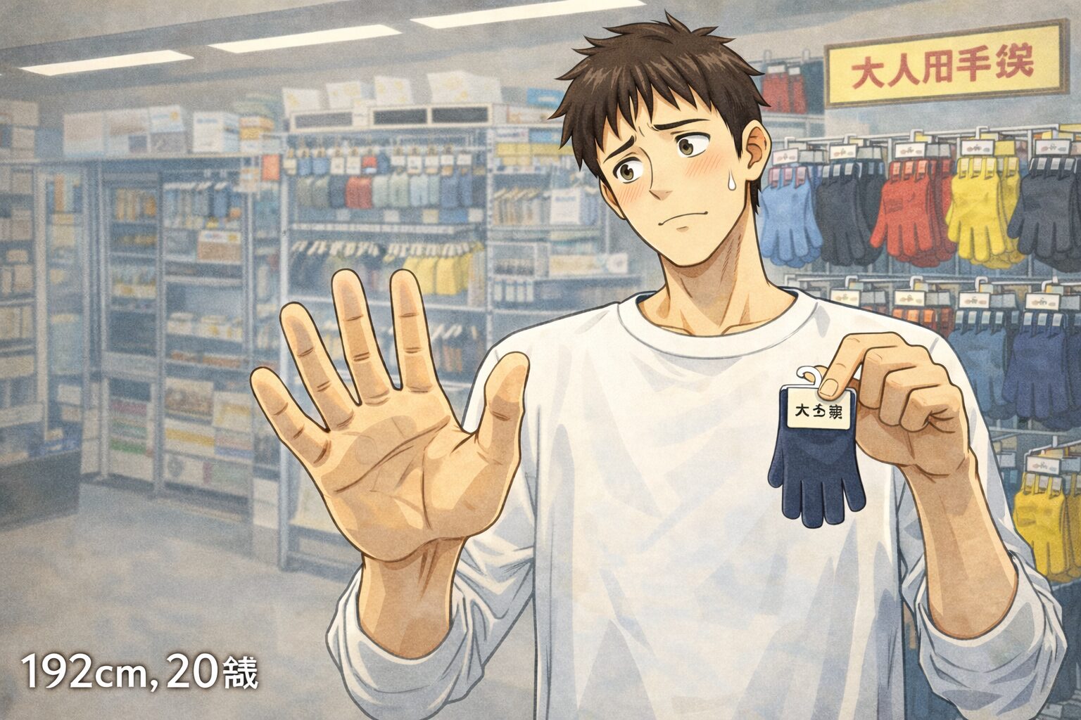 「手袋売り場で、身長192cmの細身の若い男性が自分の大きな手と小さな大人用手袋を見比べながら首をかしげている様子。手袋は男性の手の3分の1ほどの大きさしかなく、店内にはさまざまな色の手袋が並んでいる。」