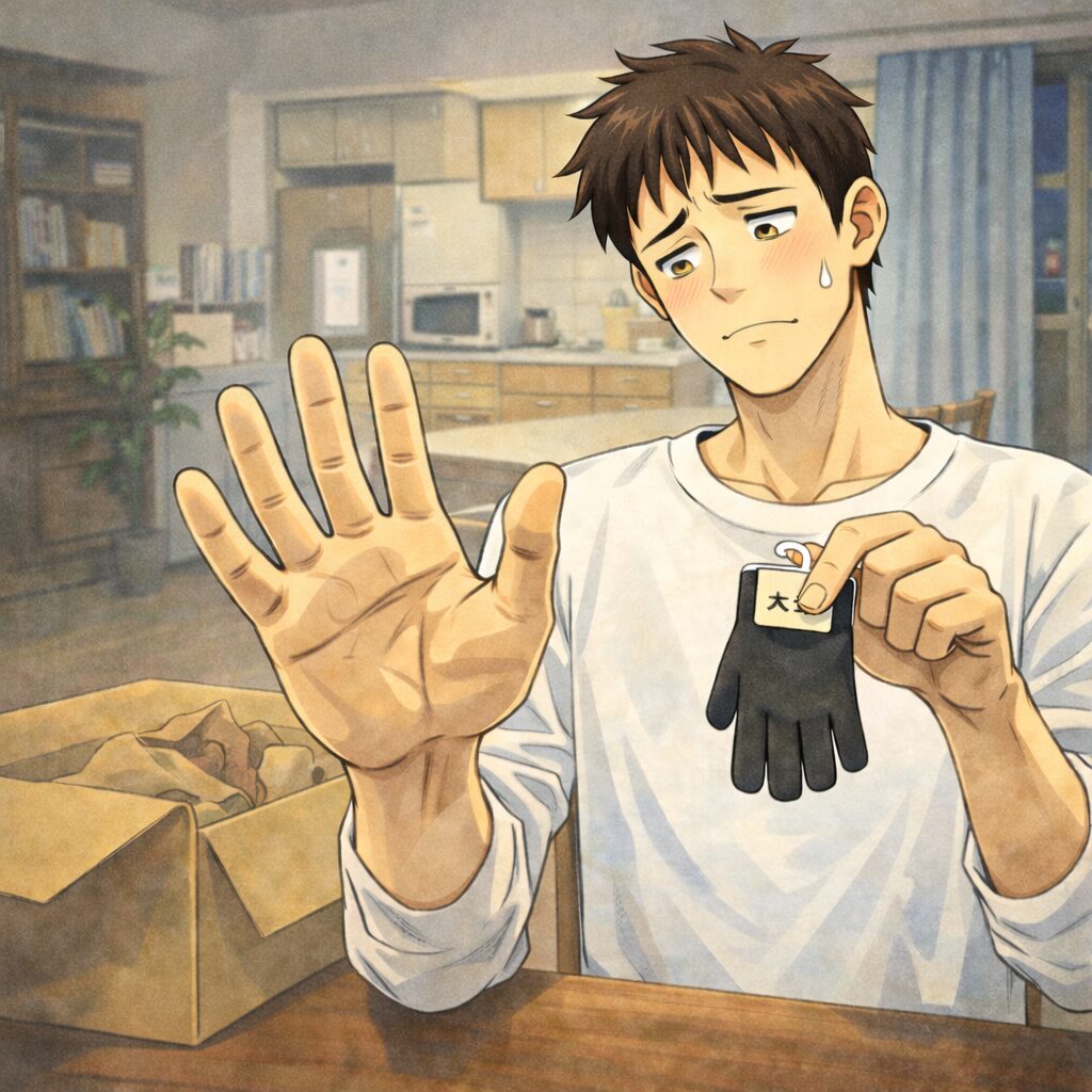 「家のダイニングテーブルで、海外通販で届いた段ボール箱から取り出した手袋を見つめる身長192cmの細身の若い男性。自分の非常に大きな手と比べると、XLサイズの手袋は半分ほどの大きさしかなく、男性は落胆した表情を浮かべている。」