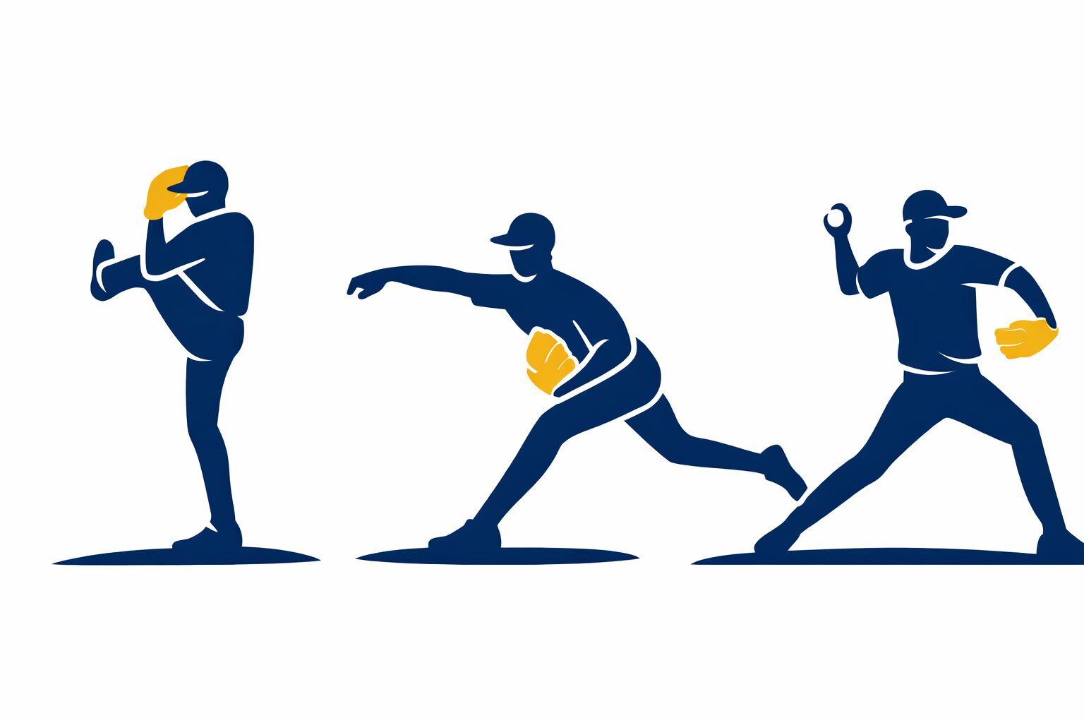 「野球の投手が投球動作を行う3つのポーズをピクトグラムで表現したイラスト。左から足を高く上げたワインドアップ、体を前に傾けた投球動作、踏み込みながらボールを投げる瞬間の3つのシルエットが横に並んでいる。」