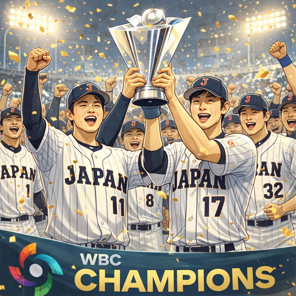 「野球場で日本代表の選手たちがトロフィーを高く掲げ、ワールドベースボールクラシック優勝を祝っているイラスト。スタジアムの観客席を背景に金色の紙吹雪が舞い、選手たちは笑顔で拳を突き上げて歓喜している。」