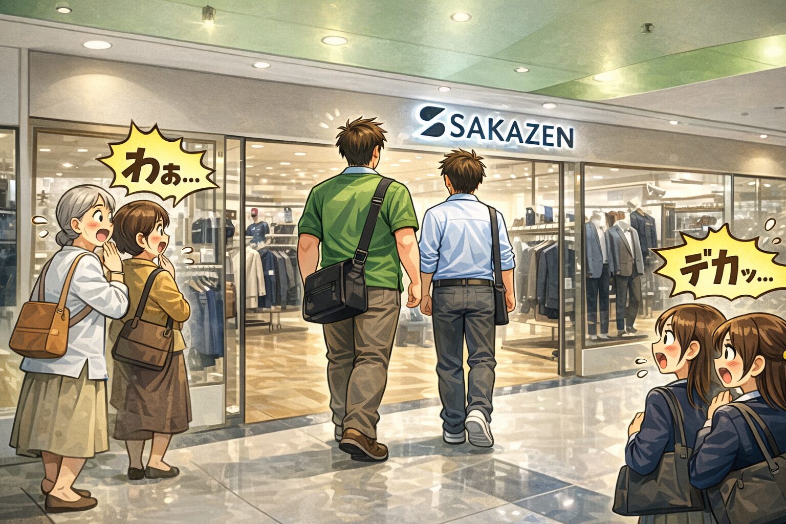 ショッピングモールの大きいサイズ専門店「SAKAZEN」の入口に向かう、身長192cmの父と188cmの息子の親子。周りの身長140cmほどのおばちゃんや150cmの女子高生たちが、その背の高さに驚いて振り返りながら見ているコミカルなイラスト。