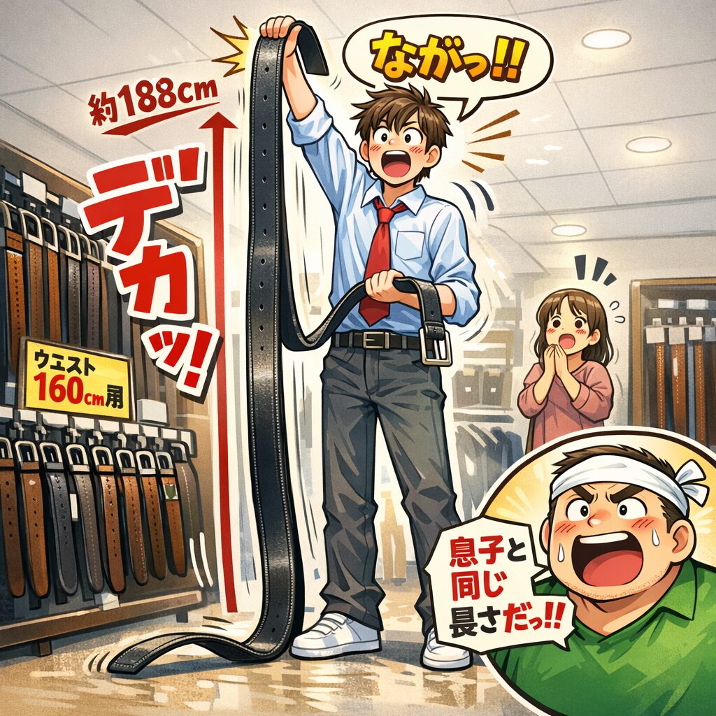 大きいサイズ専門店のベルト売り場で、身長188cmの息子が腹囲160cm用の長いベルトを持ち上げて驚いている様子。ベルトの長さは息子の身長とほぼ同じで、オーバーサイズ俱楽部のメタポンさんも驚いているコミカルなイラスト。
