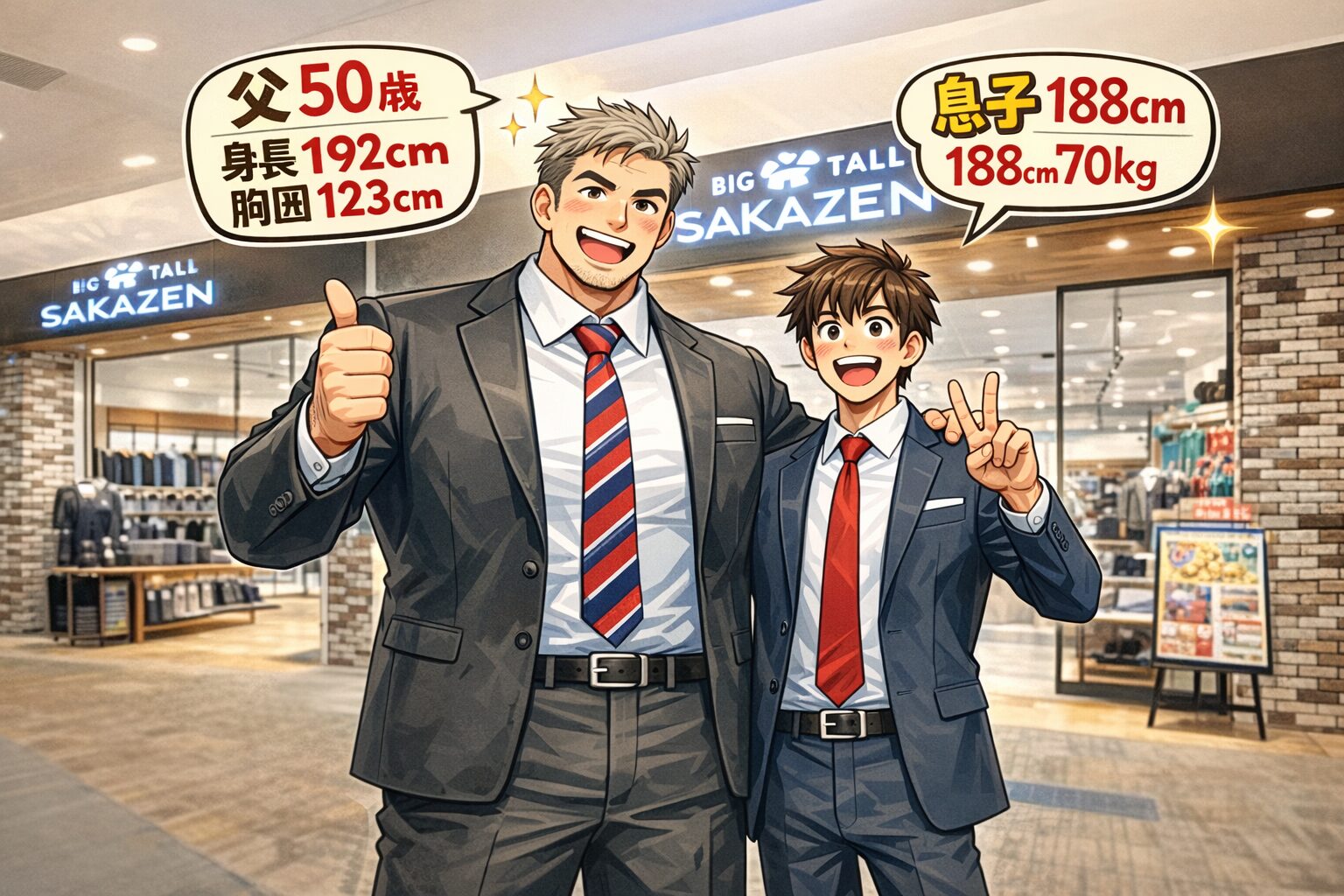 「大きいサイズの衣料店サカゼンの店内で、父（50歳・身長192cm・胸囲123cm）と息子（22歳・身長188cm・体重70kg）がワイシャツ売り場を探しているイラスト。息子は腕が長く細身の体型で、首周り38cm・裄丈90cmのサイズのワイシャツを探しているが見つからず、困った表情で商品棚を見ている。」